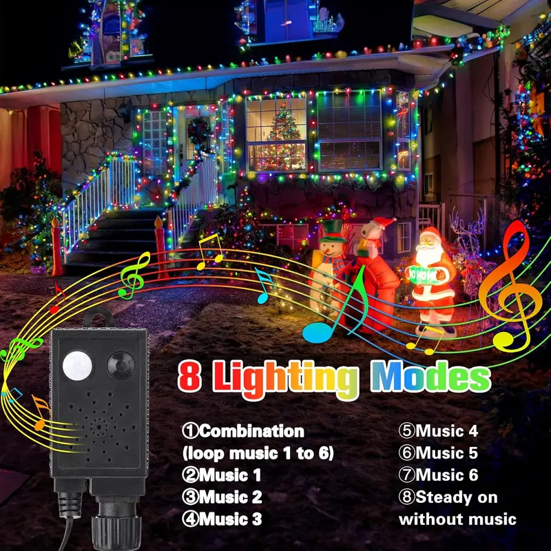 Christmas LED String Lights with 8 Modes, Music Sync and Motion Sensor