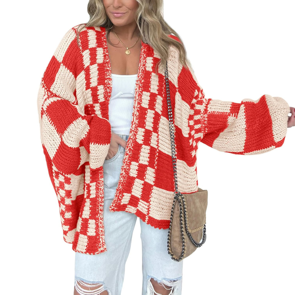 Casual Long Sleeve Checkered Chunky Cardigan For Women
