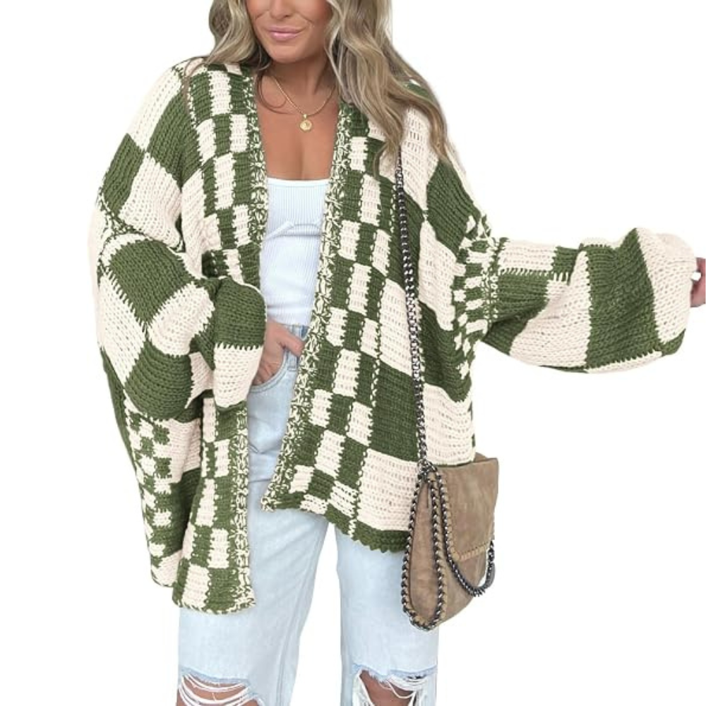 Casual Long Sleeve Checkered Chunky Cardigan For Women