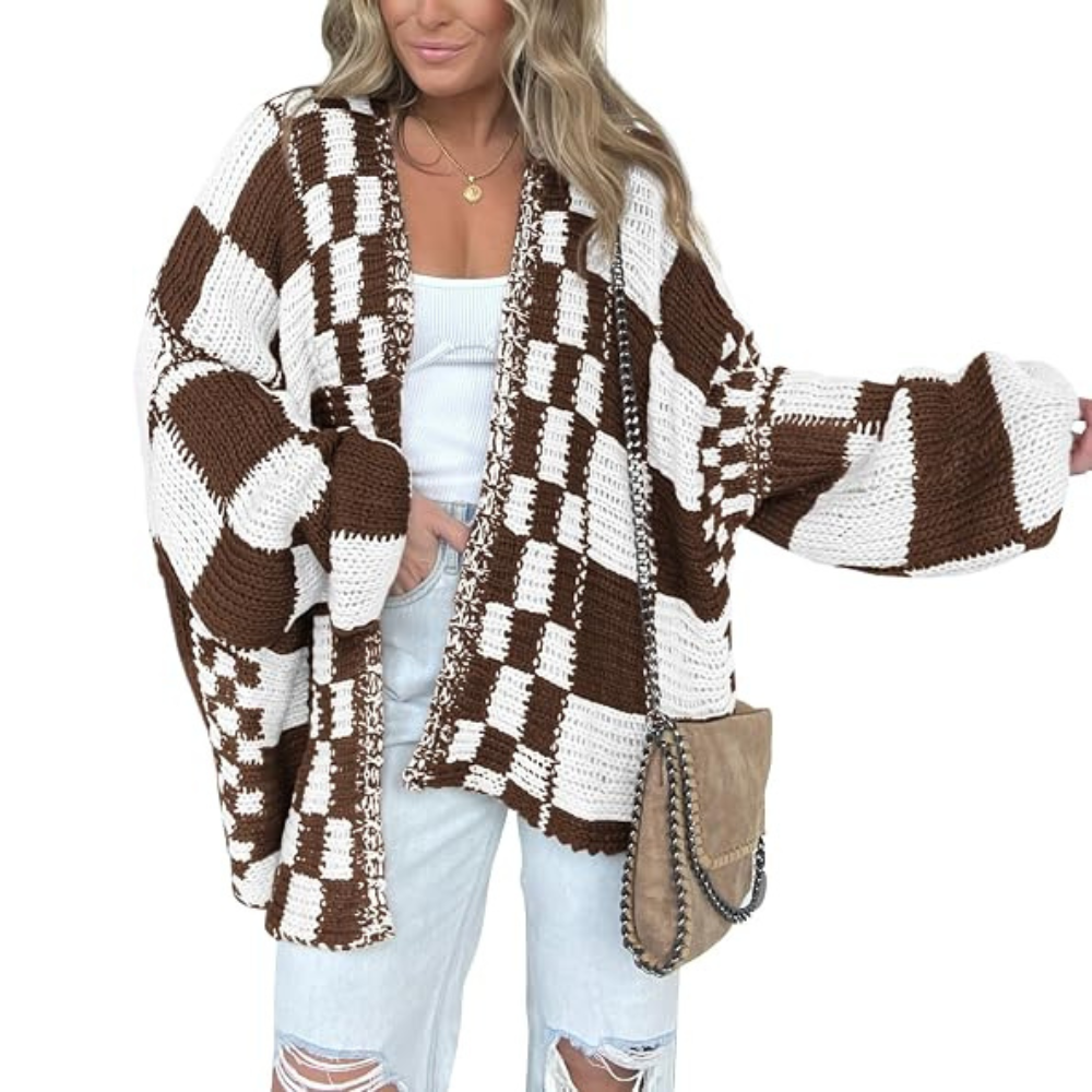 Casual Long Sleeve Checkered Chunky Cardigan For Women