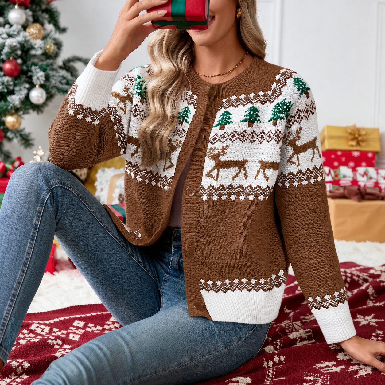 Christmas Themed Holiday Season Knit Cardigan For Women