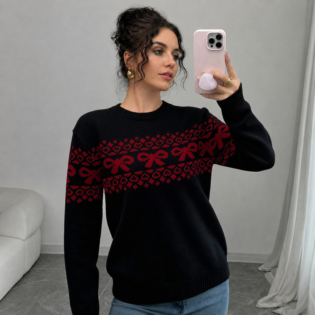 Casual Minimalist Everyday Bow Decor Christmas Sweater For Women