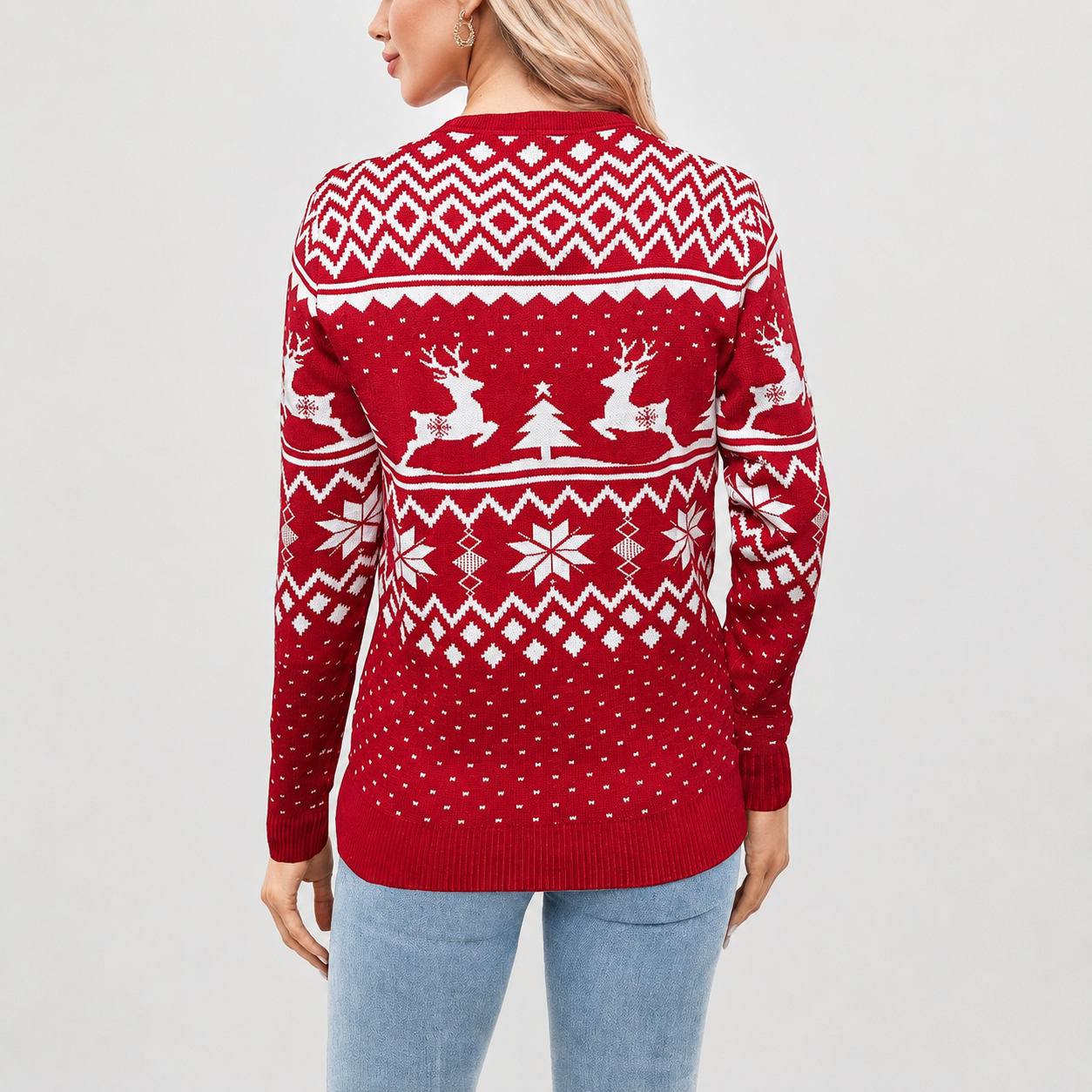 Long Sleeve Pullover Reindeer Snowflake Print Christmas Sweater For Women