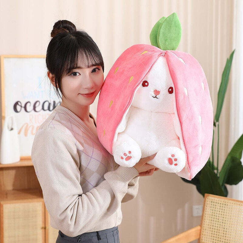 Large Reversible Carrot Rabbit And Strawberry Bunny Plush Pillow-Amzemart
