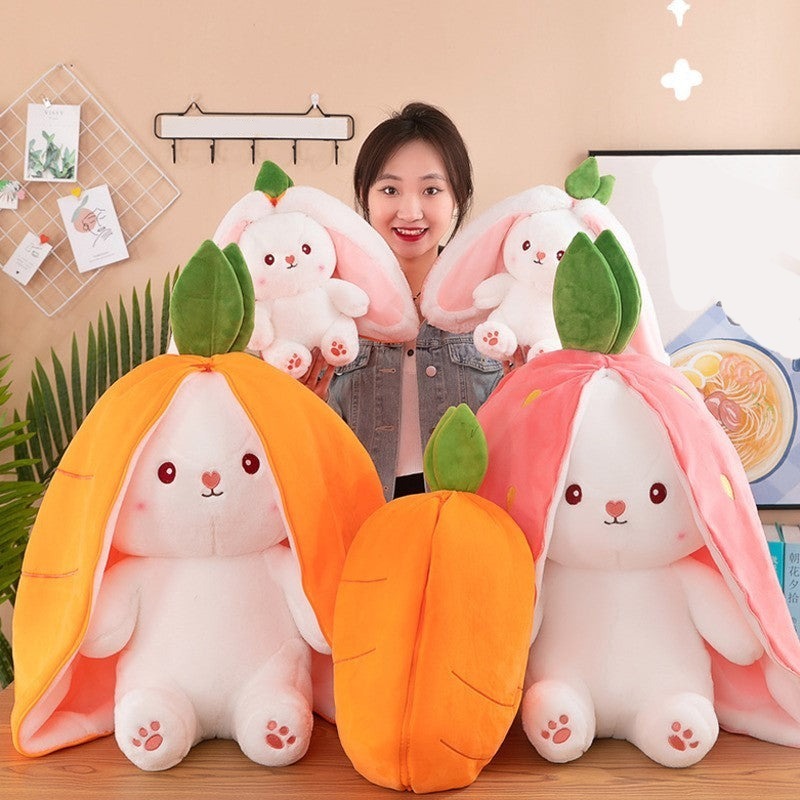 Large Reversible Carrot Rabbit And Strawberry Bunny Plush Pillow-Amzemart