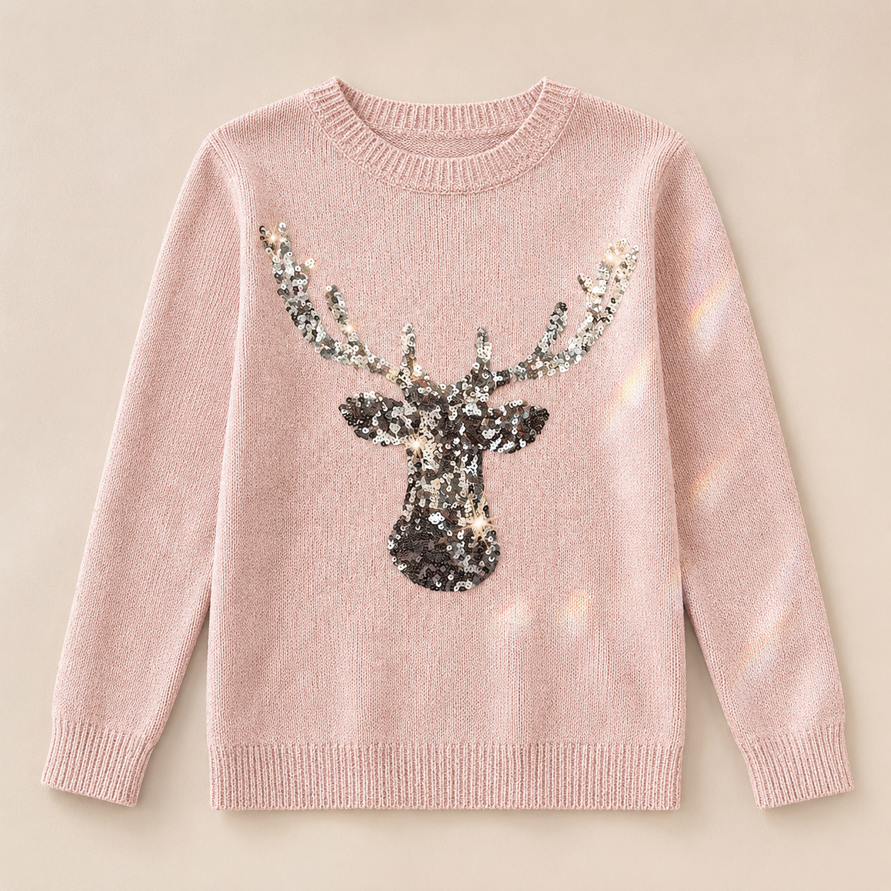 Christmas Deer Pattern Glitter Sequin Long Sleeve Pullover Sweater For Women