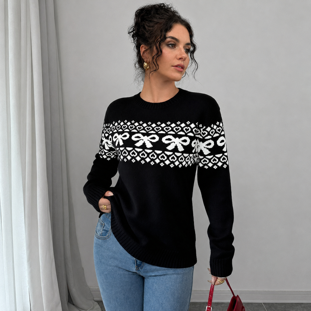 Casual Minimalist Everyday Bow Decor Christmas Sweater For Women