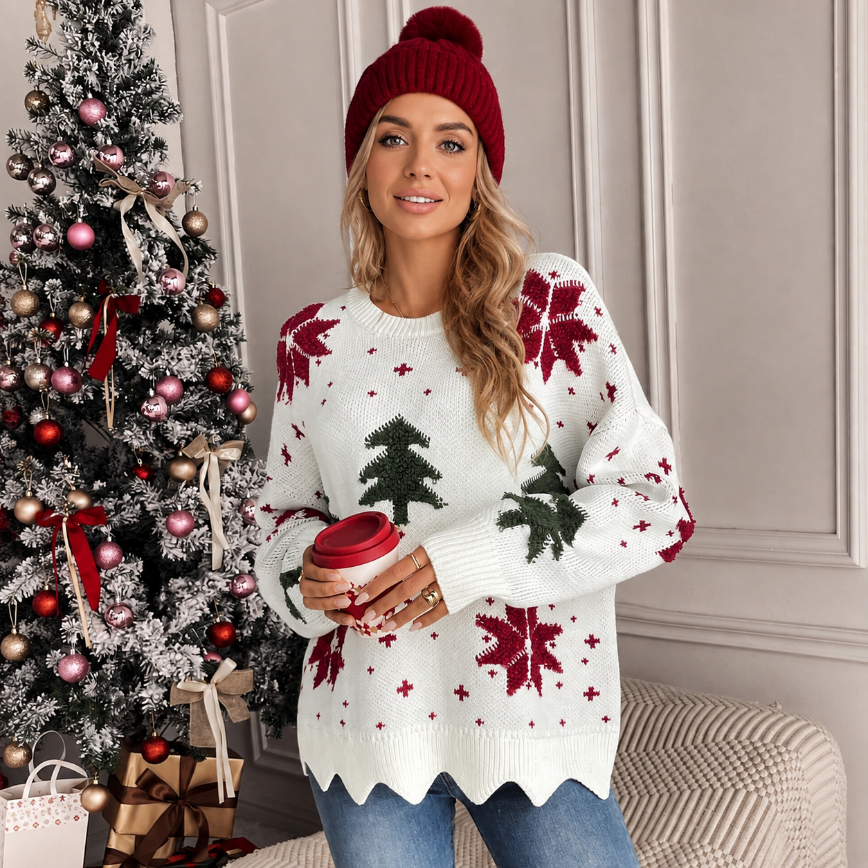 Casual Christmas Pattern Scallop Trim Sweater For Women