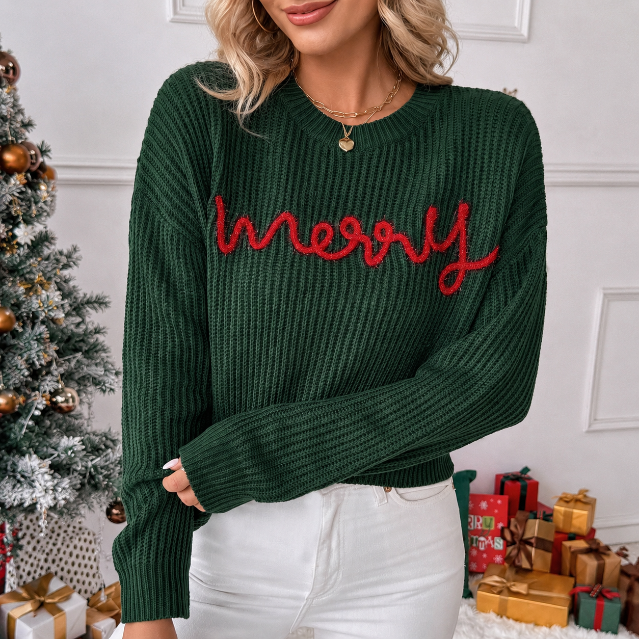 Long Sleeve Letter Knitted Christmas Sweater For Women