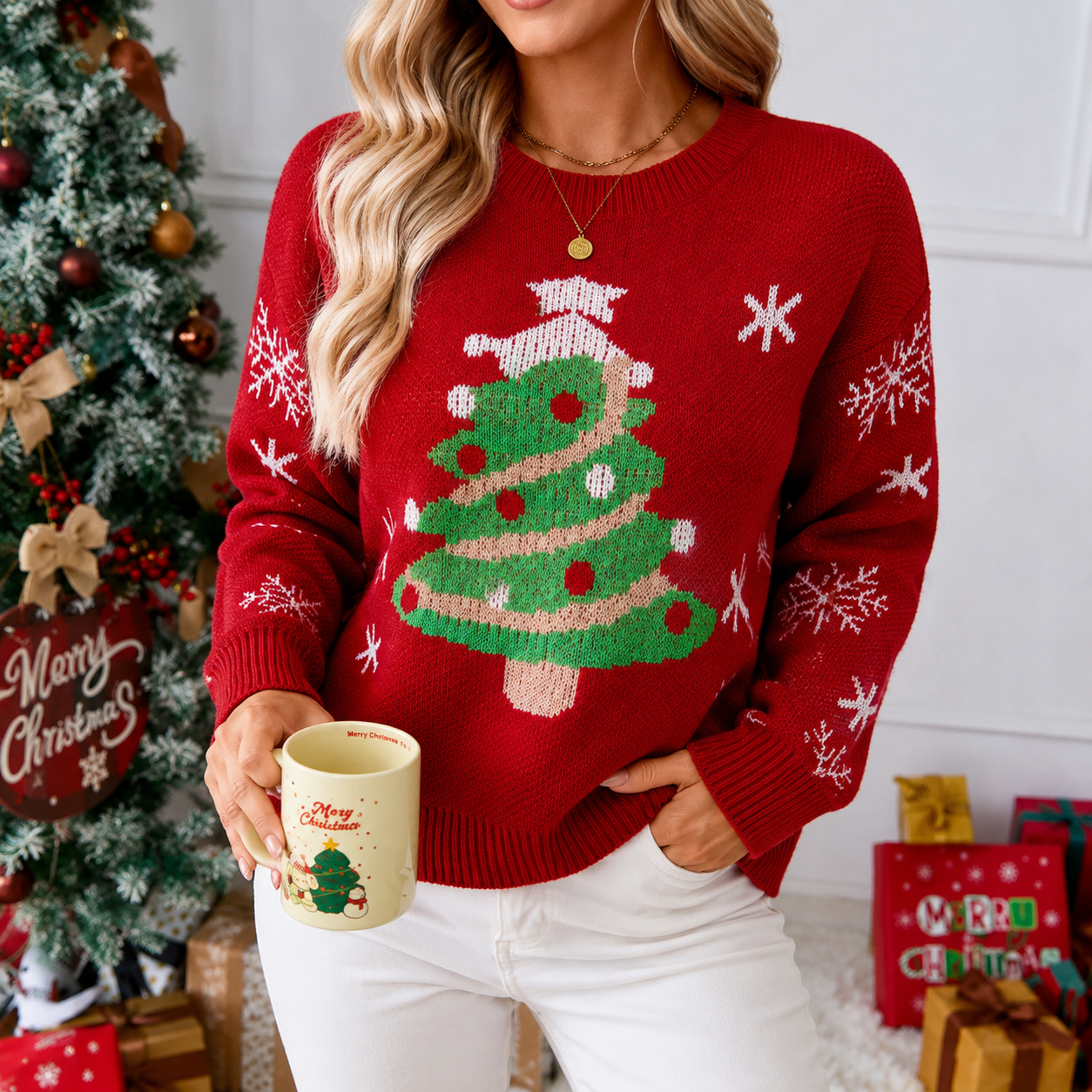 Christmas Tree Pattern Long Sleeve Casual Pullover Sweater For Women
