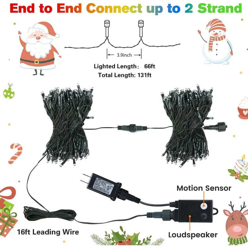 Christmas LED String Lights with 8 Modes, Music Sync and Motion Sensor