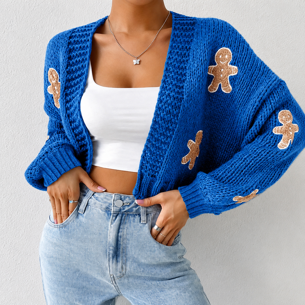 Cropped Knit Gingerbread Pattern Christmas Cardigan Sweater For Women