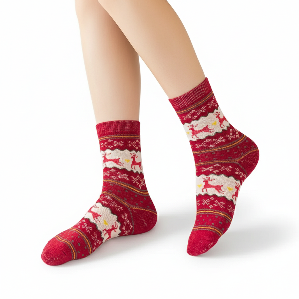 5 Pair Of Cozy Elk Print Christmas Socks For Women