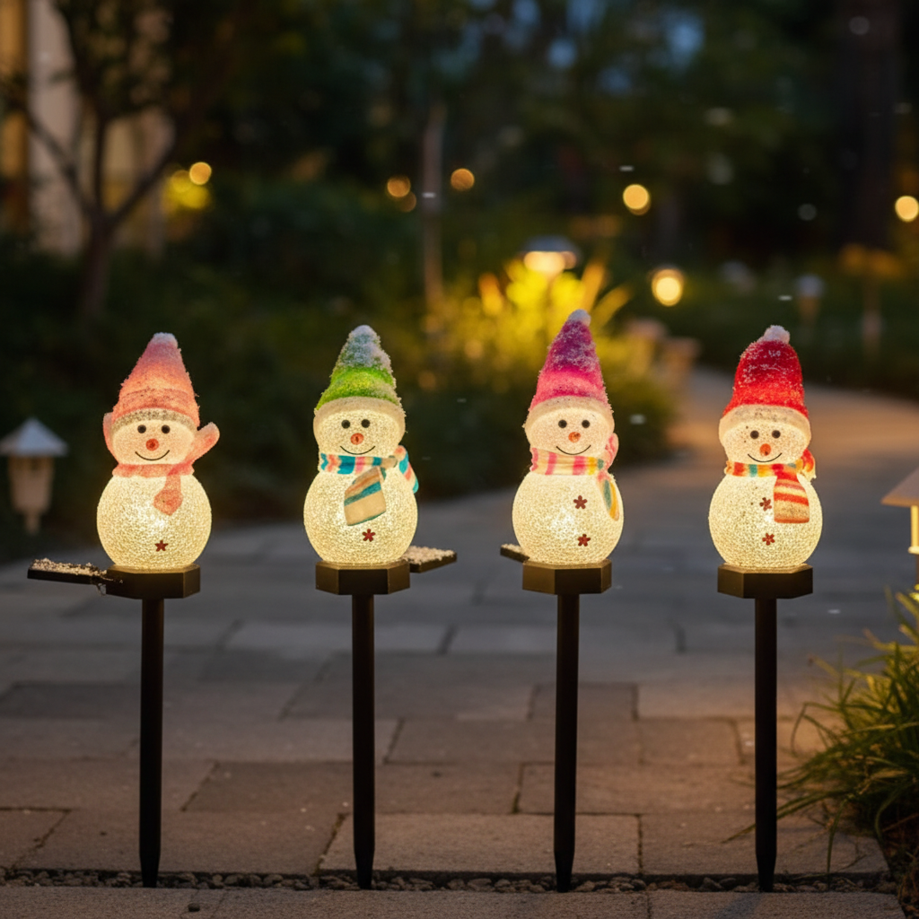 Four solar snowman Christmas pathway lights with round glowing acrylic bodies on patio stones at night