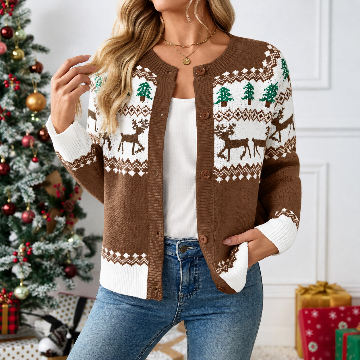 Christmas Themed Holiday Season Knit Cardigan For Women