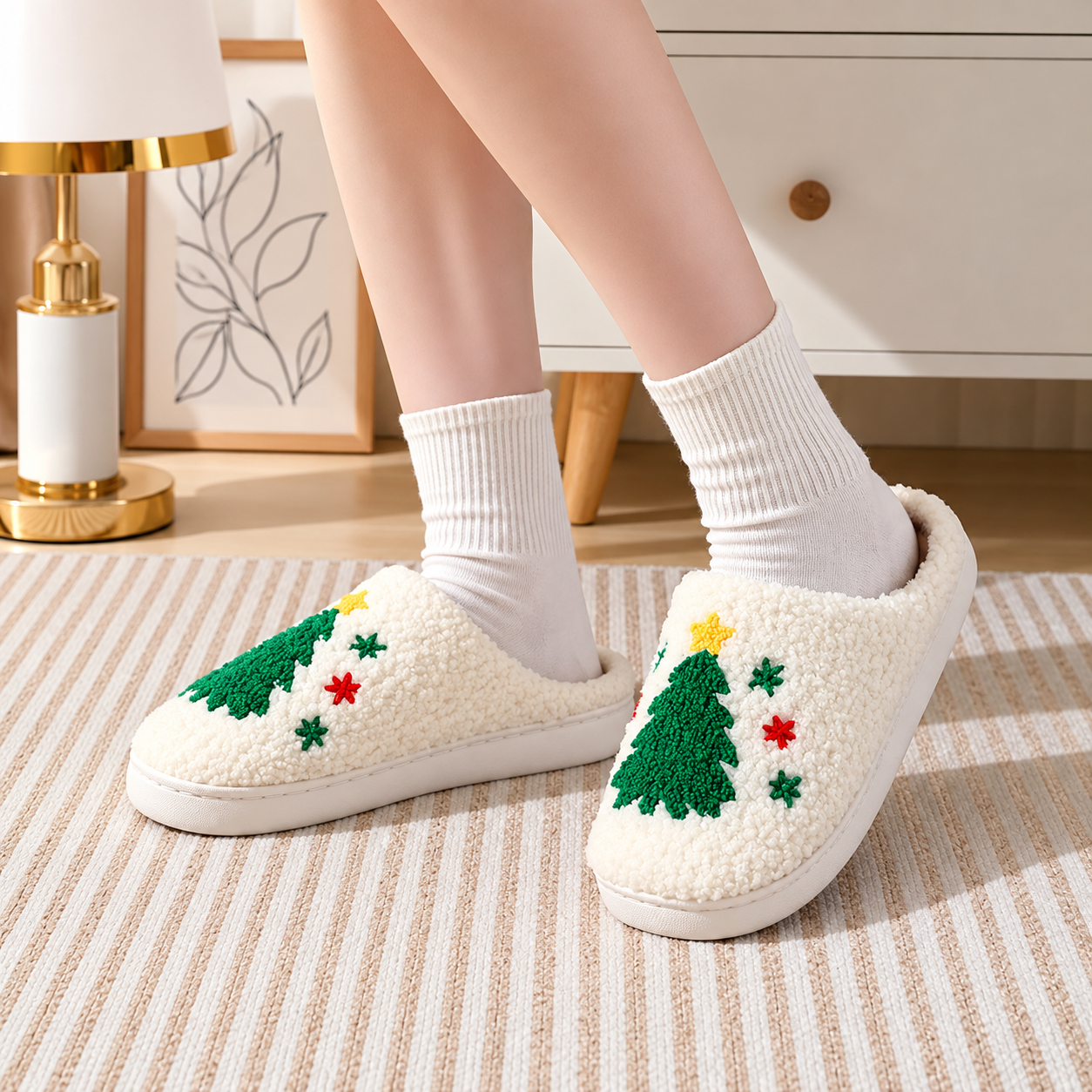Christmas Plush Warm Slip On House Slippers for Women and Men