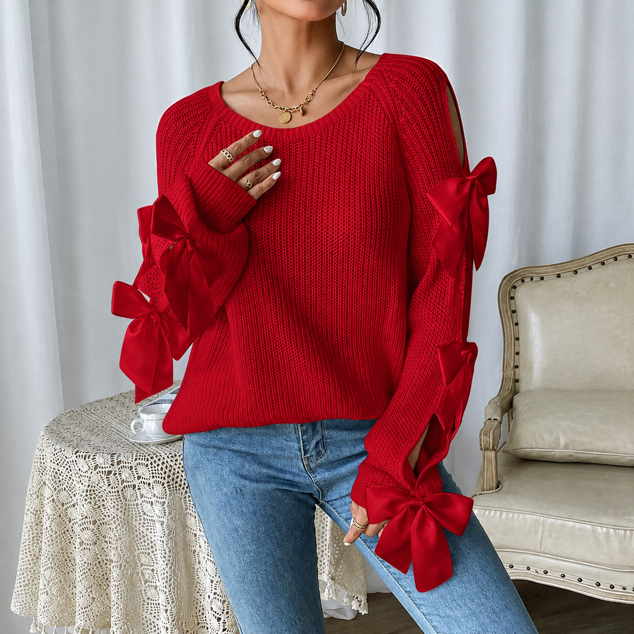 Solid Color Bow Decor Chritsmas Party Sweater For Women