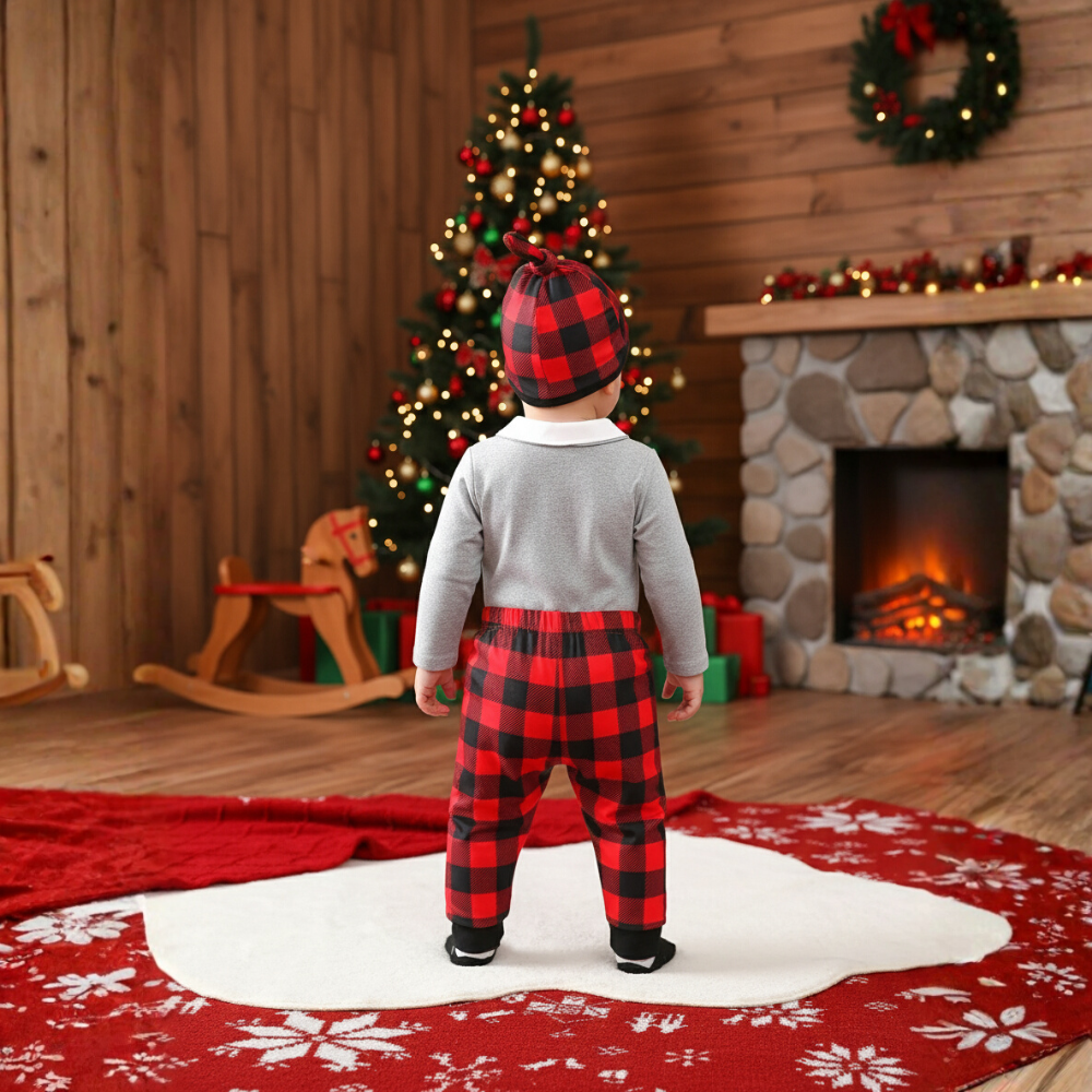 Plaid Long Sleeve Christmas Outfit Set with Suspenders Pants and Matching Hat