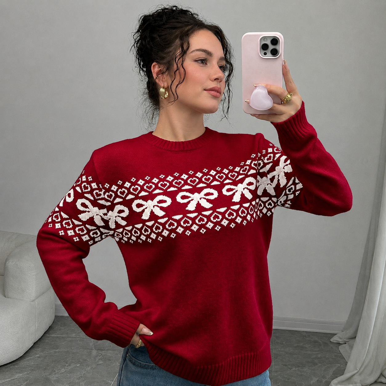 Casual Minimalist Everyday Bow Decor Christmas Sweater For Women