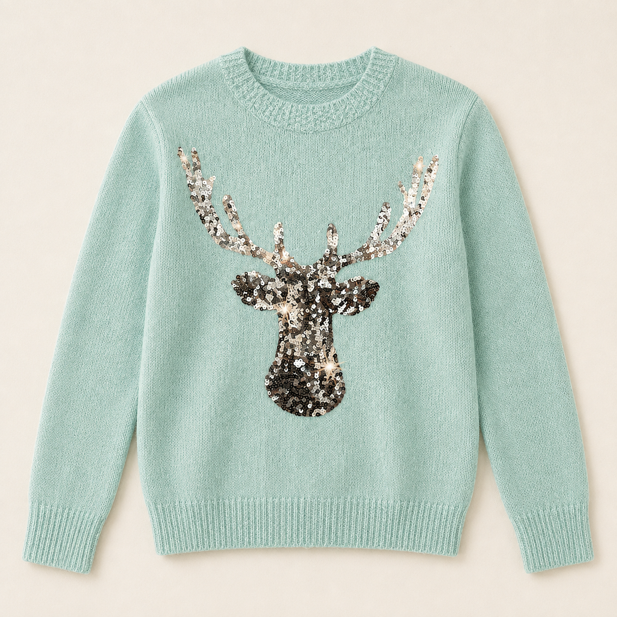 Christmas Deer Pattern Glitter Sequin Long Sleeve Pullover Sweater For Women