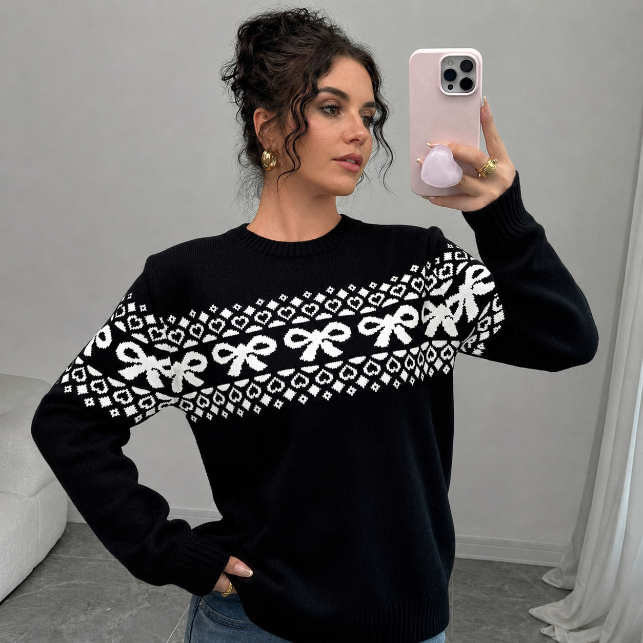 Casual Minimalist Everyday Bow Decor Christmas Sweater For Women