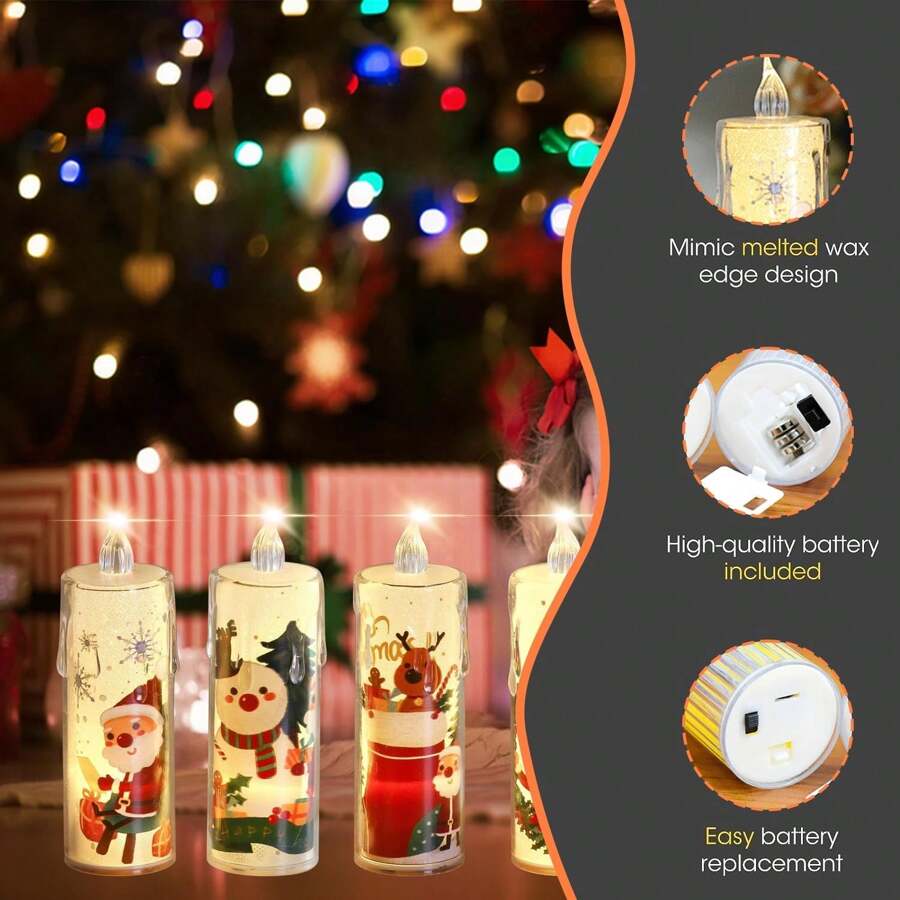 4pcs LED Electronic Candle Lights, Santa Claus Christmas Tree Decor Transparent Candle Night Light, Christmas Decor Candles, Create Christmas Atmosphere, Party Decor, Candle Model And Base Model, With Detachable Base (Pattern Random), Room Decor, Christmas Decor, Christmas Lights, Bedroom Decor, Home Decor, Party Decor, Holiday, Christmas Gift, Thanksgiving, Christmas Tree Decorations - Warm Color - View 8