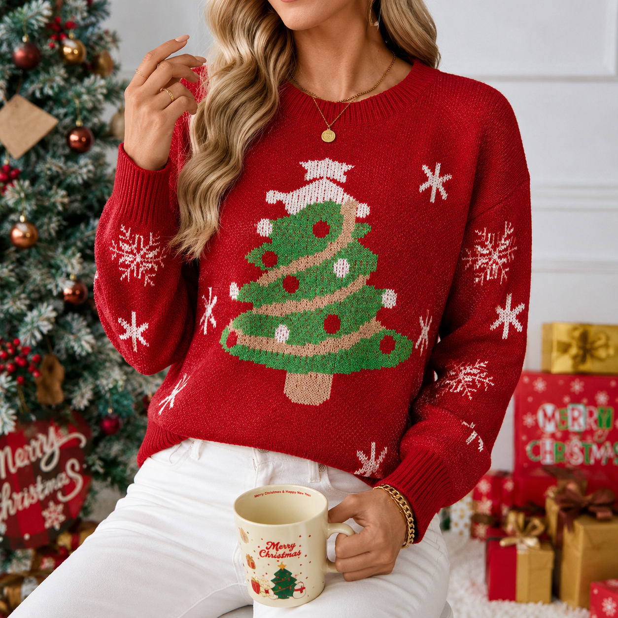 Christmas Tree Pattern Long Sleeve Casual Pullover Sweater For Women