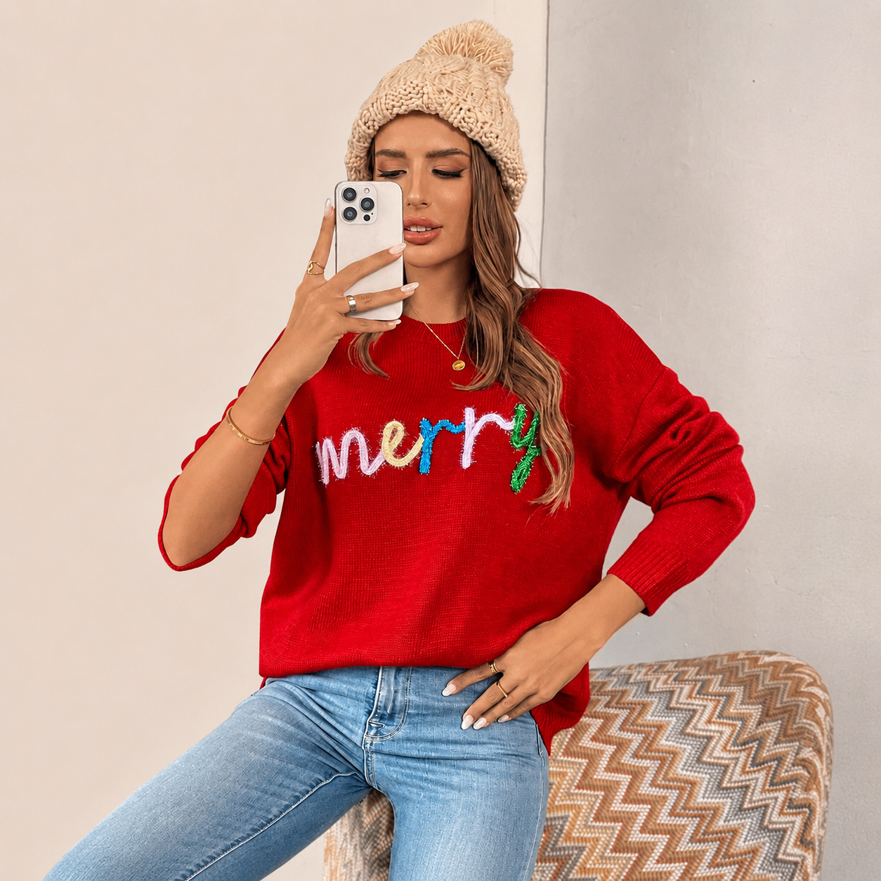 Christmas Letter Pattern Long Sleeves Pullover Sweater For Women