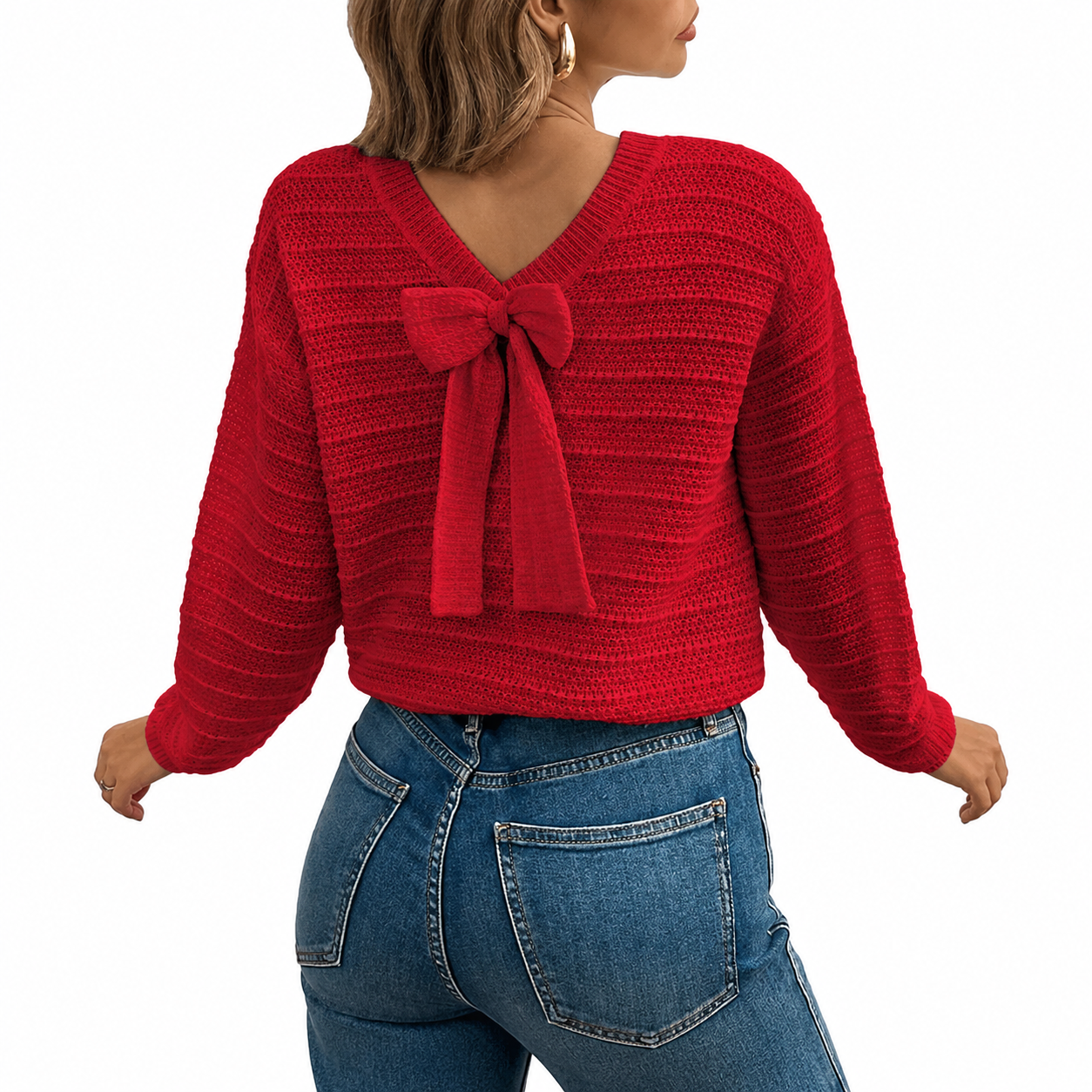 Back Bow Detail Knit Pullover Sweater with Classic Casual Styling for Women