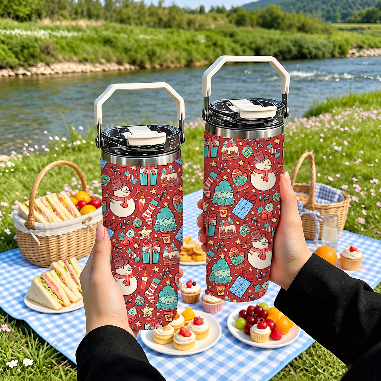 30oz Printed Christmas Tumbler With Foldable Handle With Flip Lid