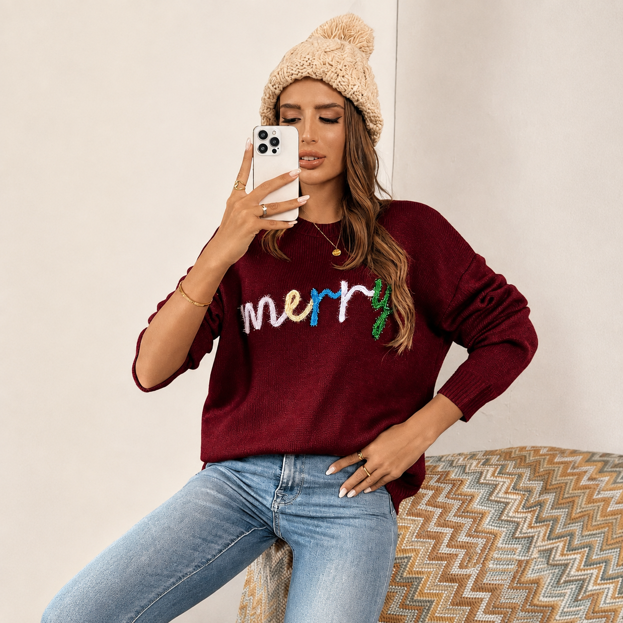 Christmas Letter Pattern Long Sleeves Pullover Sweater For Women