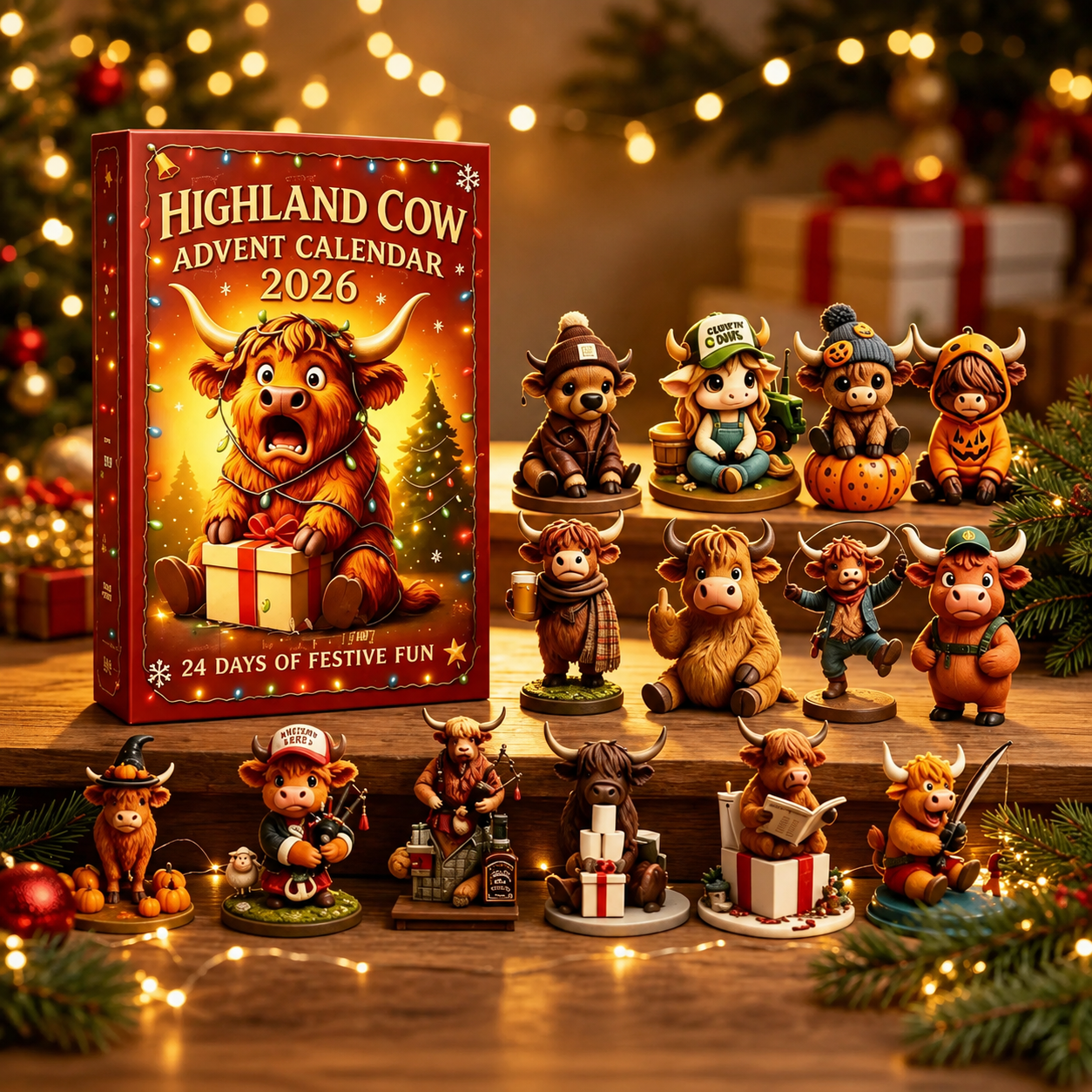 24 Piece Highland Cow Christmas Advent Calendar with Collectible Figurines