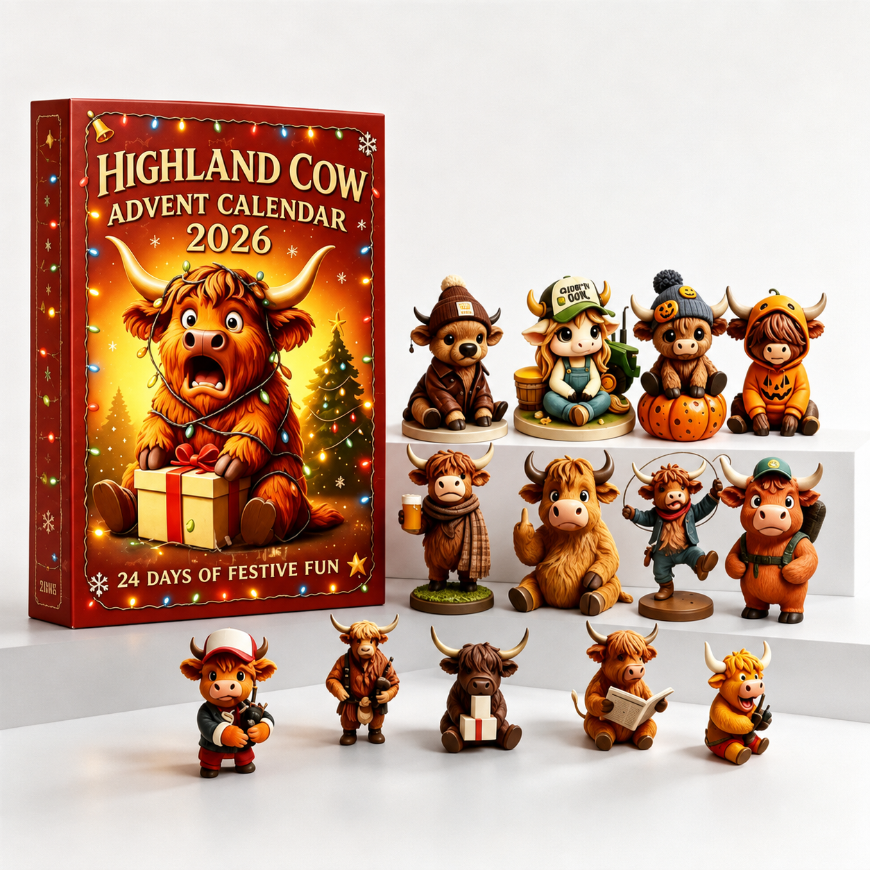 24 Piece Highland Cow Christmas Advent Calendar with Collectible Figurines