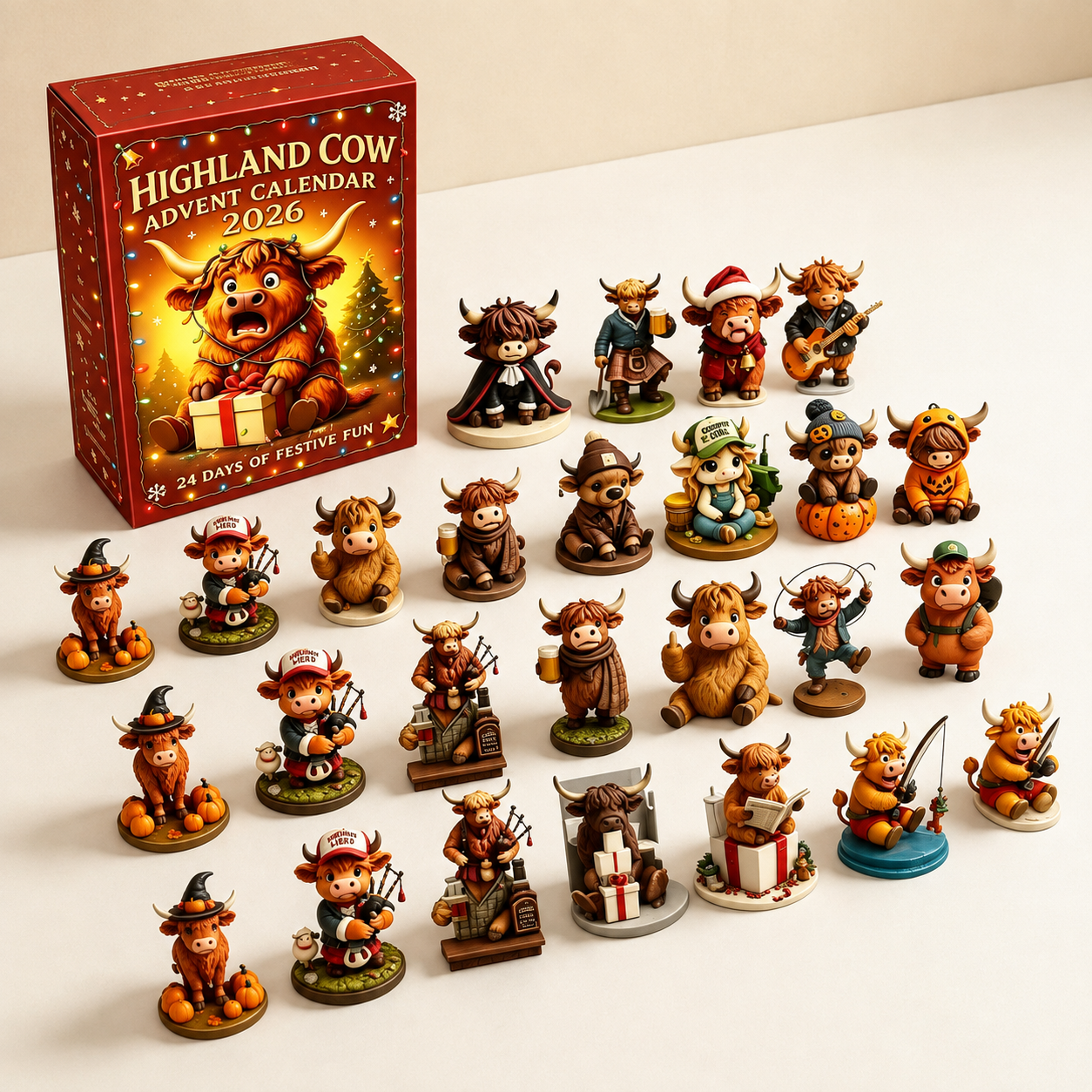 24 Piece Highland Cow Christmas Advent Calendar with Collectible Figurines