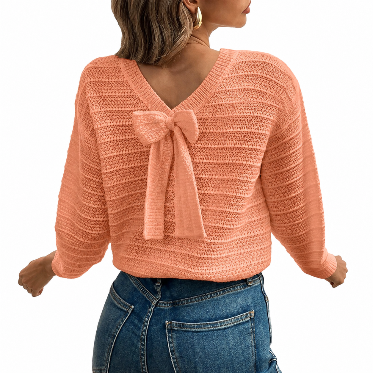 Back Bow Detail Knit Pullover Sweater with Classic Casual Styling for Women