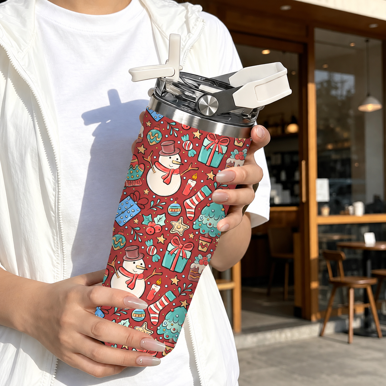 30oz Printed Christmas Tumbler With Foldable Handle With Flip Lid