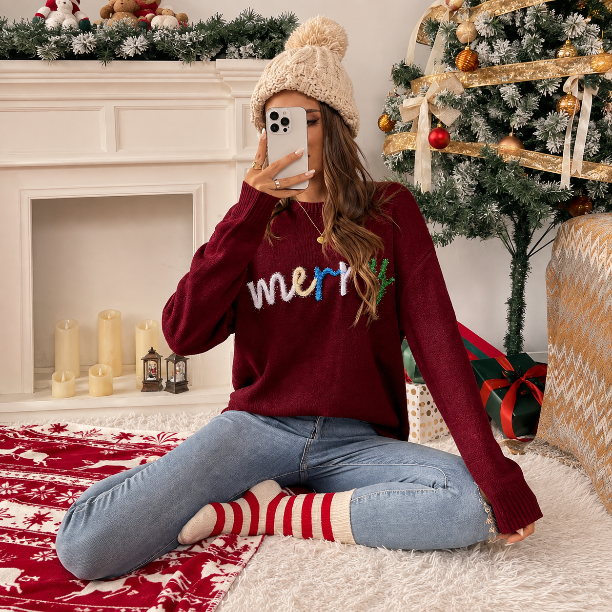 Christmas Letter Pattern Long Sleeves Pullover Sweater For Women