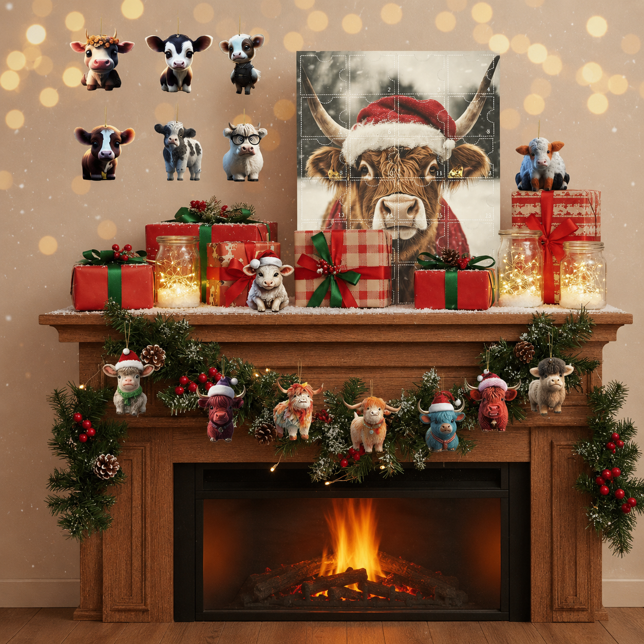 24 Day Highland Cow Christmas Advent Calendar with Decorative Figurine Ornaments