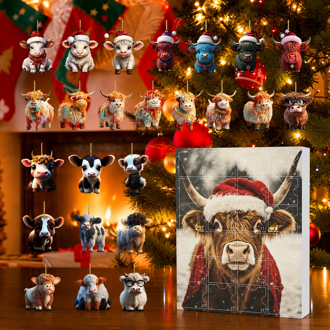 24 Day Highland Cow Christmas Advent Calendar with Decorative Figurine Ornaments