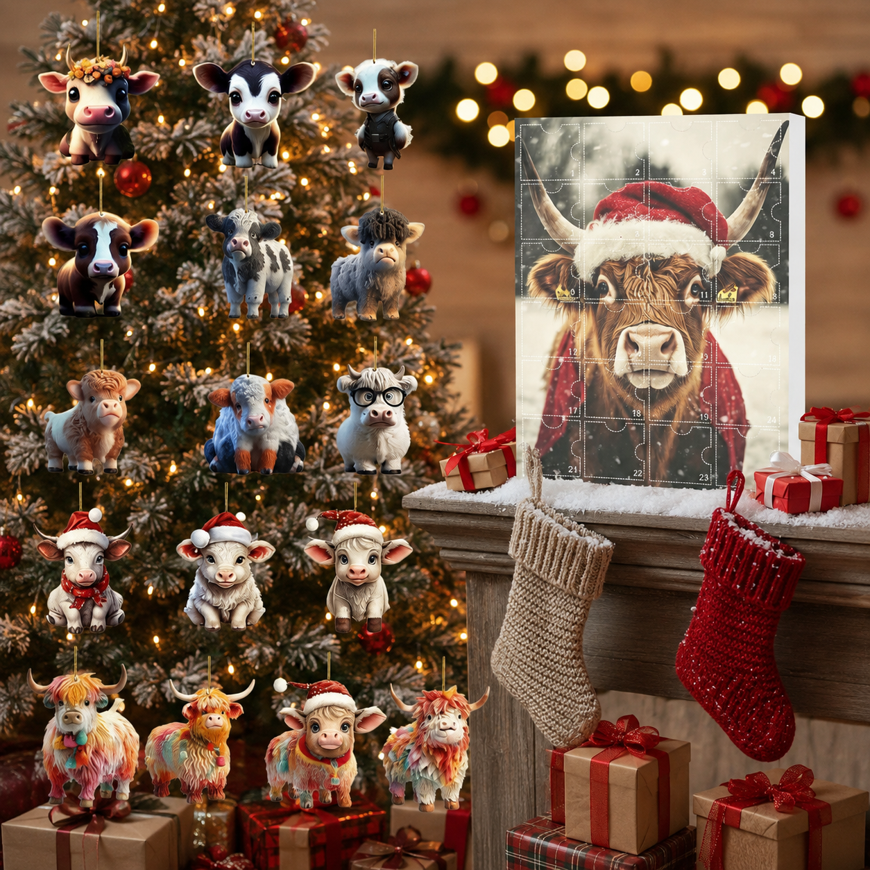 24 Day Highland Cow Christmas Advent Calendar with Decorative Figurine Ornaments