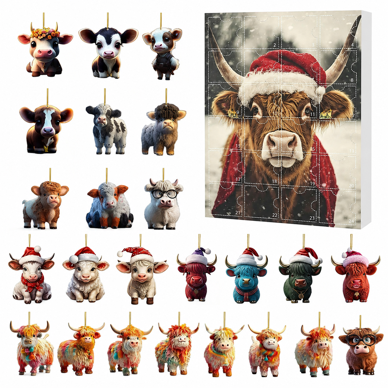 24 Day Highland Cow Christmas Advent Calendar with Decorative Figurine Ornaments