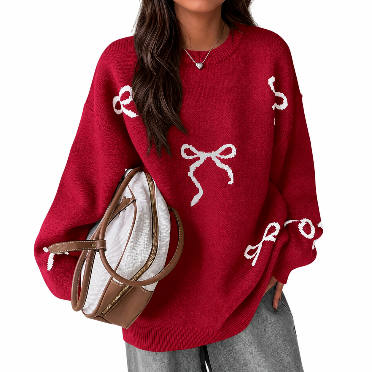 Casual Oversized Chunky Long Sleeve Bow Print Christmas Sweater For Women