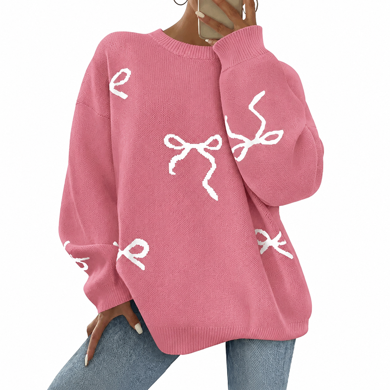 Casual Oversized Chunky Long Sleeve Bow Print Christmas Sweater For Women