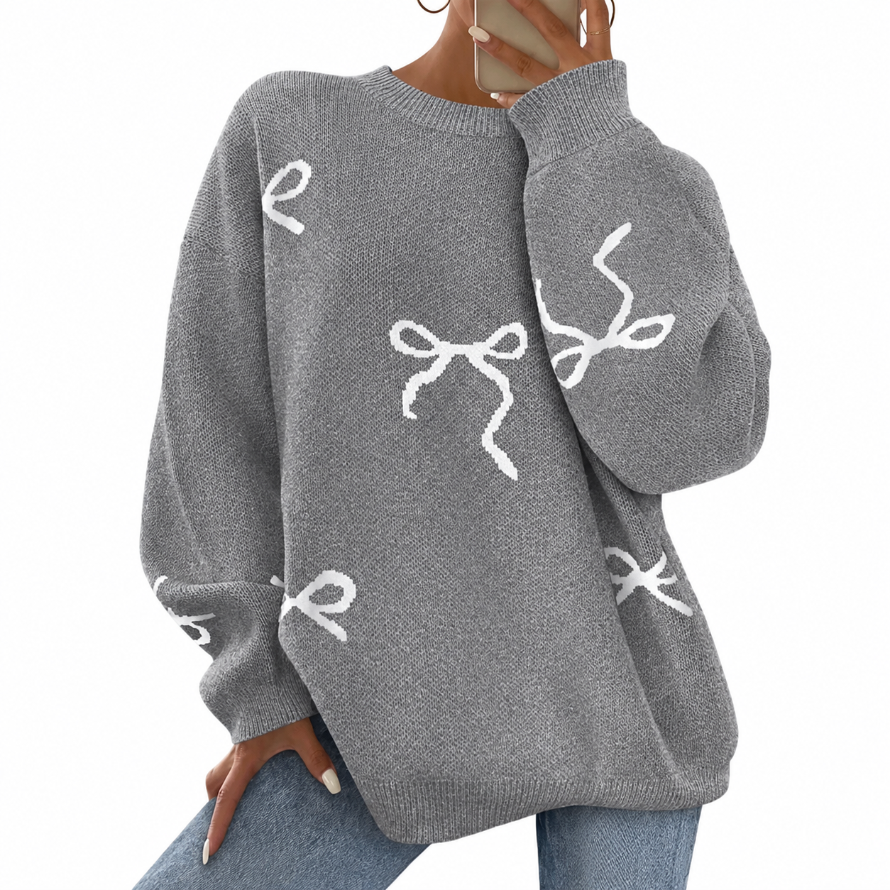 Casual Oversized Chunky Long Sleeve Bow Print Christmas Sweater For Women