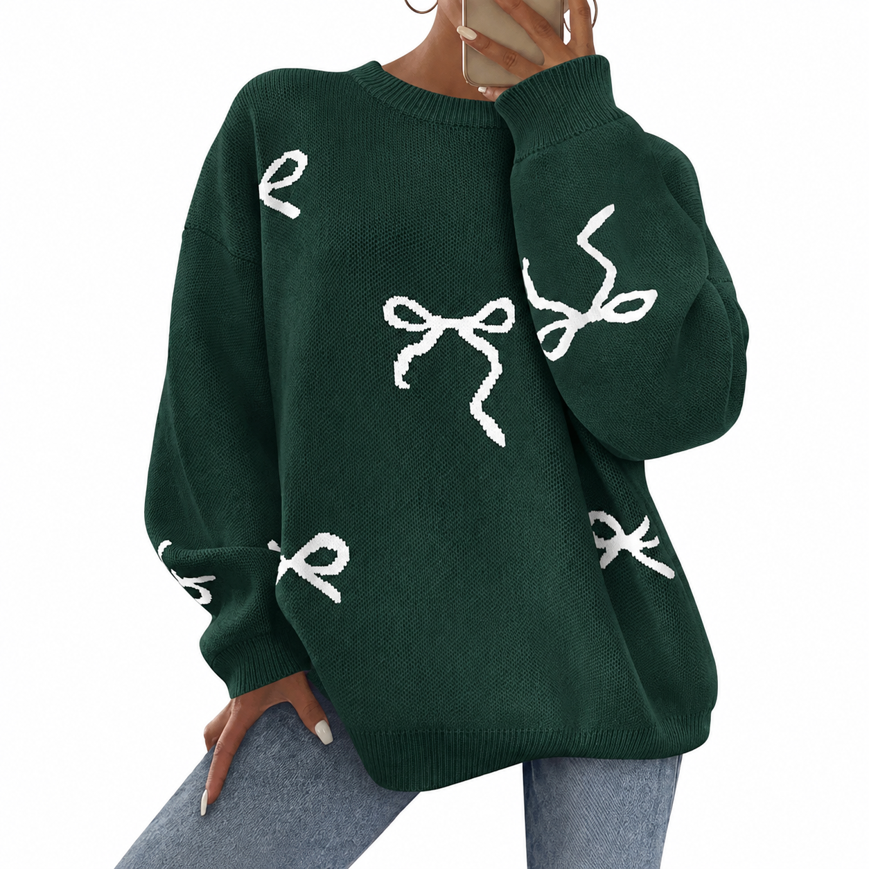 Casual Oversized Chunky Long Sleeve Bow Print Christmas Sweater For Women