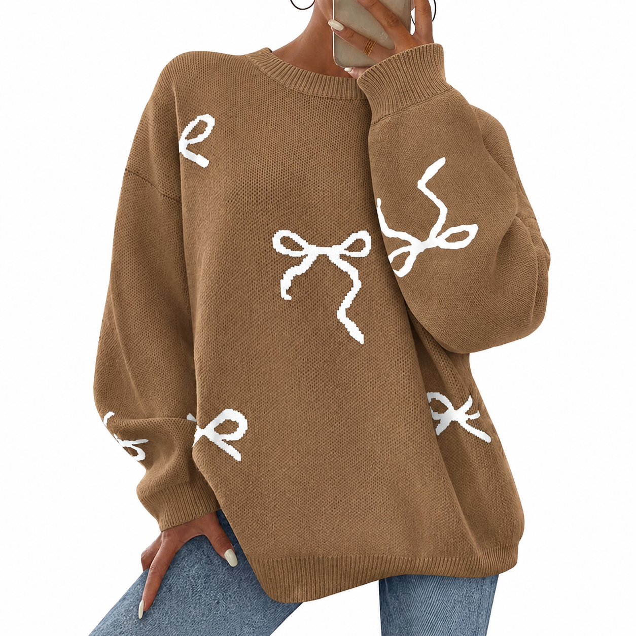 Casual Oversized Chunky Long Sleeve Bow Print Christmas Sweater For Women