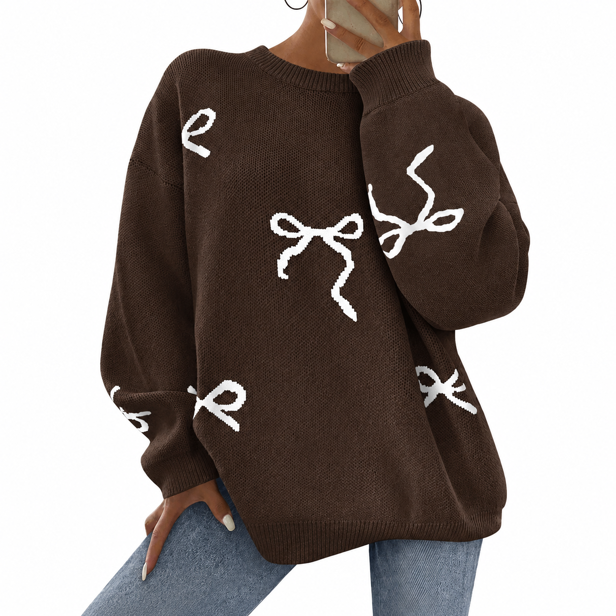 Casual Oversized Chunky Long Sleeve Bow Print Christmas Sweater For Women