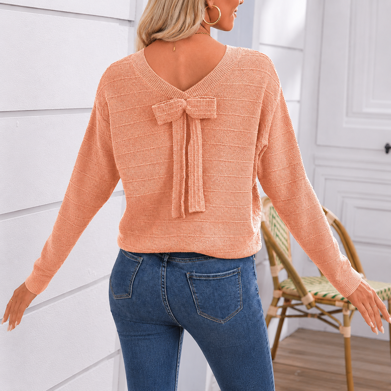 Back Bow Detail Knit Pullover Sweater with Classic Casual Styling for Women