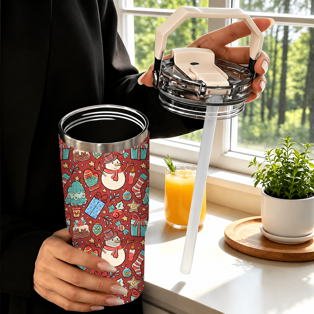 30oz Printed Christmas Tumbler With Foldable Handle With Flip Lid