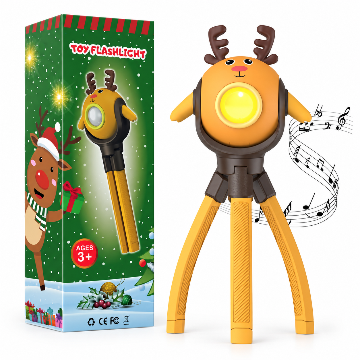Santa And Reindeer Christmas Themed Rechargeable LED Flashlight Toy With 8 Light And Music Modes